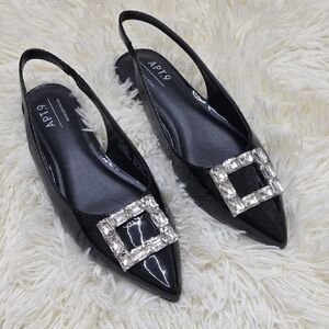 Apt. 9 Black Patent Slingback Flats with Crystal Square Buckle